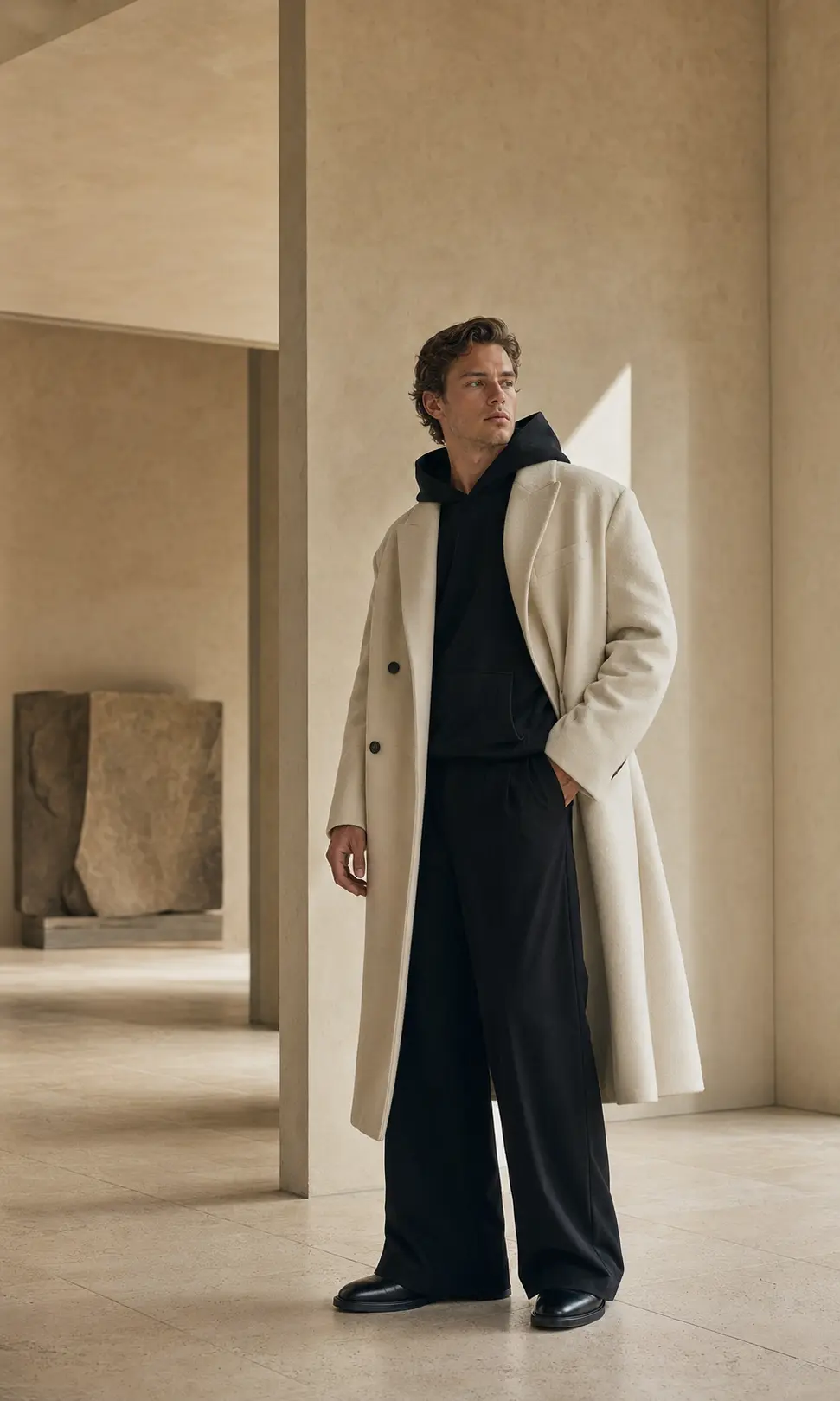 Modello con cappotto avorio e hoodie nera in una galleria contemporanea